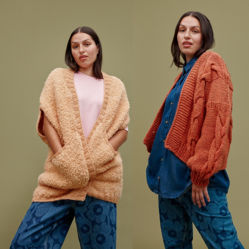 chunky mustard and orange cardigans