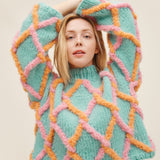 chunky multicolour jumper featured by a model
