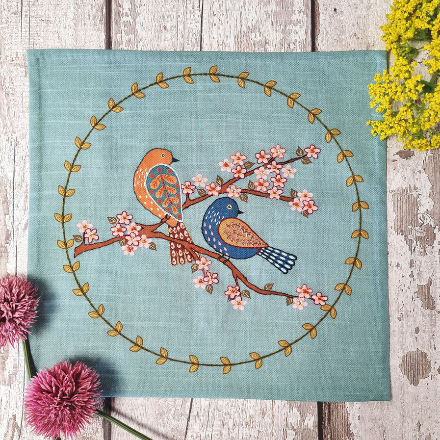 Printed Linen Embroidery Kit Birds & Blossoms.