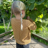 A little girl with braids happily gathers grapes in a vibrant vineyard, wearing her yellow cardigan.