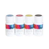  A group of four paint bottles in turquoise, bright pink, bright yellow, and coal, showcasing vibrant colors for creative projects.