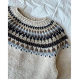 A stylish sweater with blue and brown designs, featuring a circular yoke and ribbed edges, perfect for cozy wear.