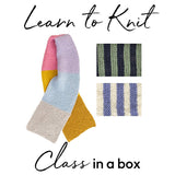 A learn-to-knit kit in a box, containing yarn, needles, and step-by-step guides for those new to knitting.
