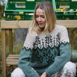 Model wearing a colourwork sweater 
