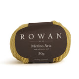 Display of Rowan Merino Aria yarn, highlighting its chunky, soft halo and beautiful dye absorption, perfect for knitters.