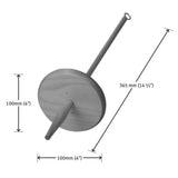  A wooden spinning wheel displaying measurements, highlighting a bottom whorl spindle with a removable whorl and wire hook.