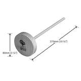 A metal rod with a small hole and measurement, featuring a fixed whorl and screw hook for a top whorl spindle.