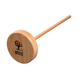 A student-friendly wooden top whorl spindle with a handle, fixed whorl, screw hook, and a visible logo