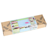 A cardboard box containing yarn, needles, and weaving supplies for creating wall hangings, ideal for beginners and gifts.